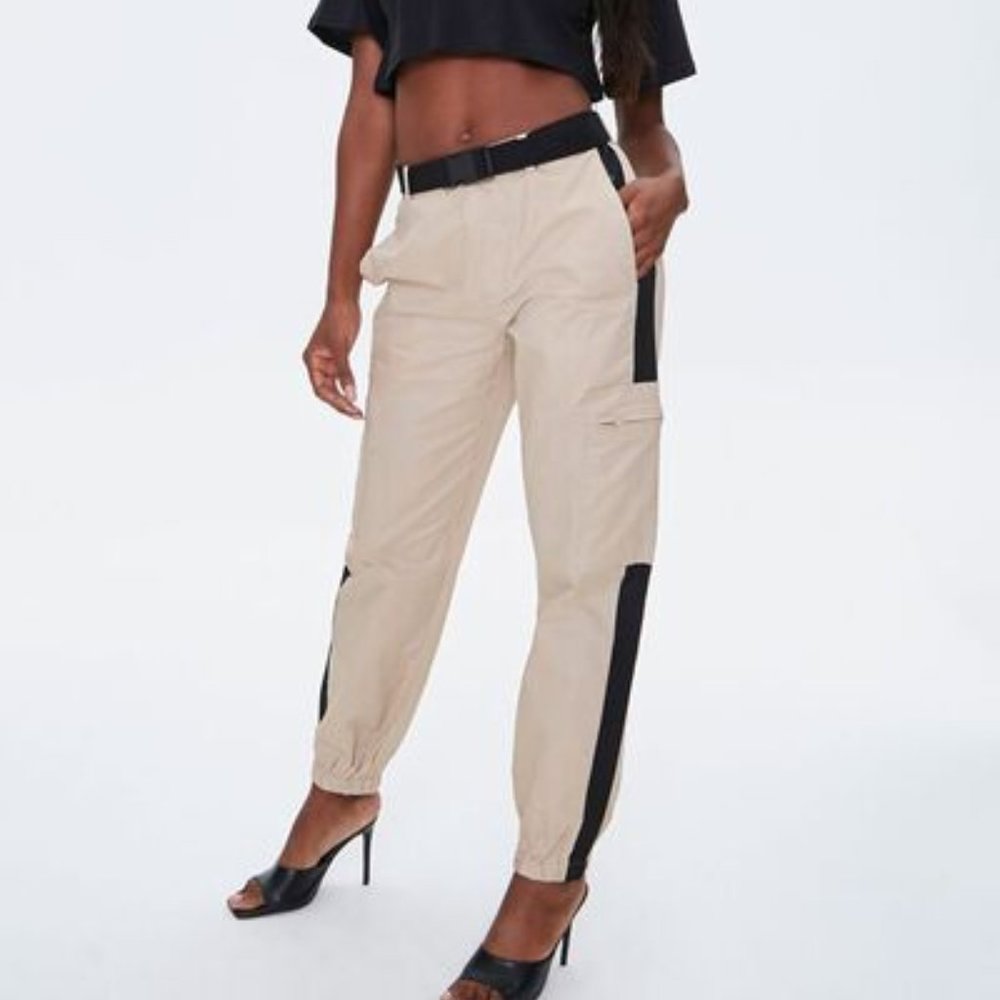 FOREVER 21 Womens XS Khaki High Rise Side Striped Belted Baggy Cargo Pants Beige